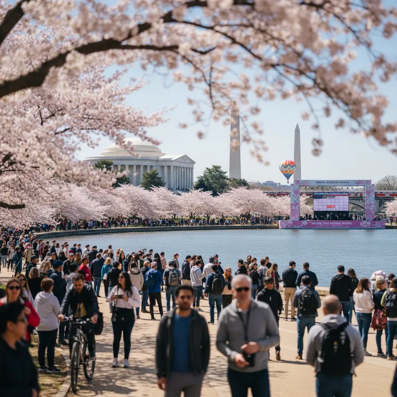 Cherry blossom trees in full bloom along the Tidal Basin with the Washington Monument in the background.