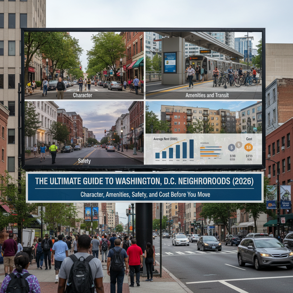 D.C. neighborhood street view with diverse housing, showcasing a mix of urban living and community spaces.