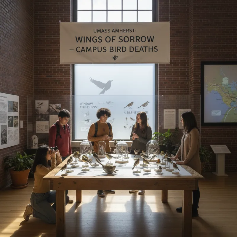 Student-curated exhibit at UMass Amherst displays information about bird deaths due to window collisions.