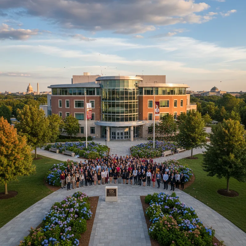 Modern UDC building exterior with landscaped grounds during its 175th anniversary celebration.
