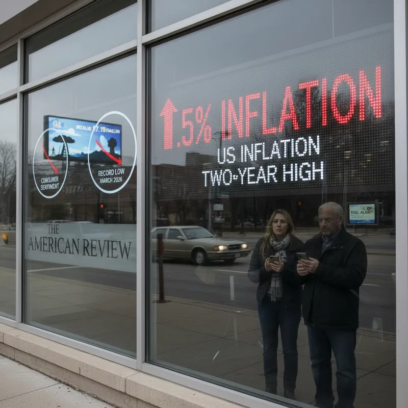 Surging gas prices in a modern American storefront, reflecting economic hardship and low consumer sentiment.