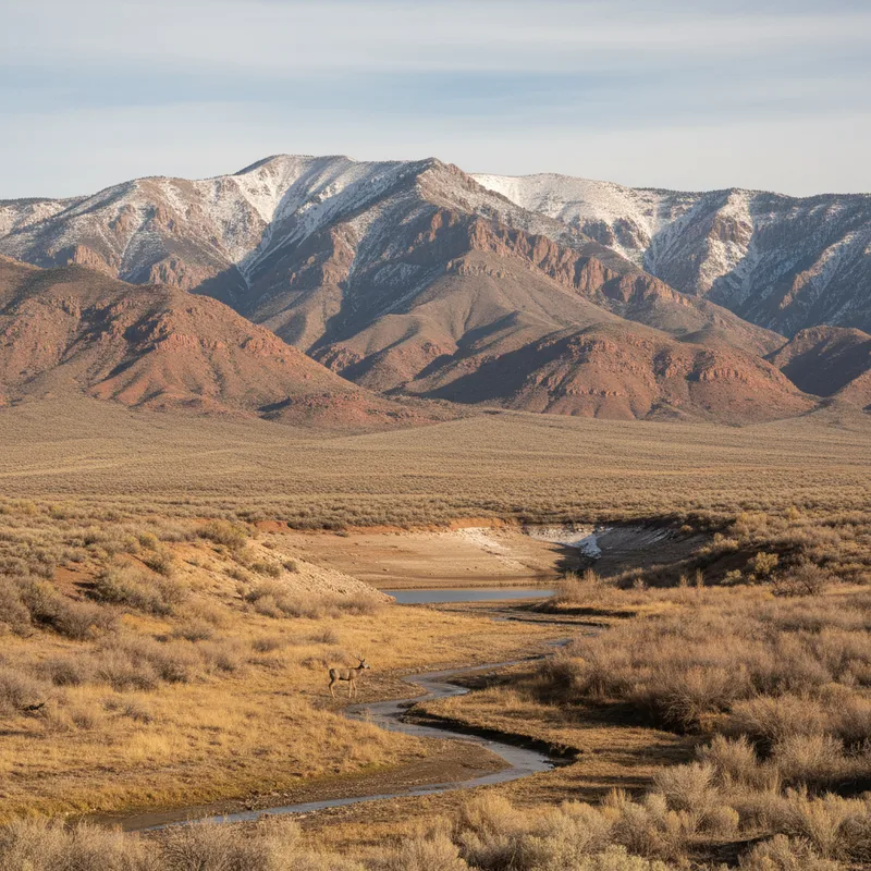 Vast, dry Utah landscape with minimal snow on mountains under a hazy sky.