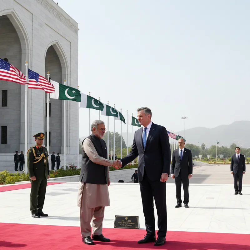 Vice President Vance and Pakistani officials shake hands in Islamabad during a diplomatic meeting.