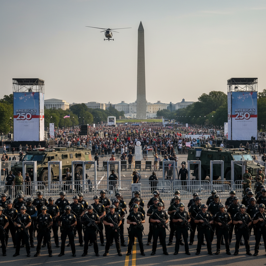 Federal and local law enforcement vehicles in Washington D.C. ahead of summer anniversary events.