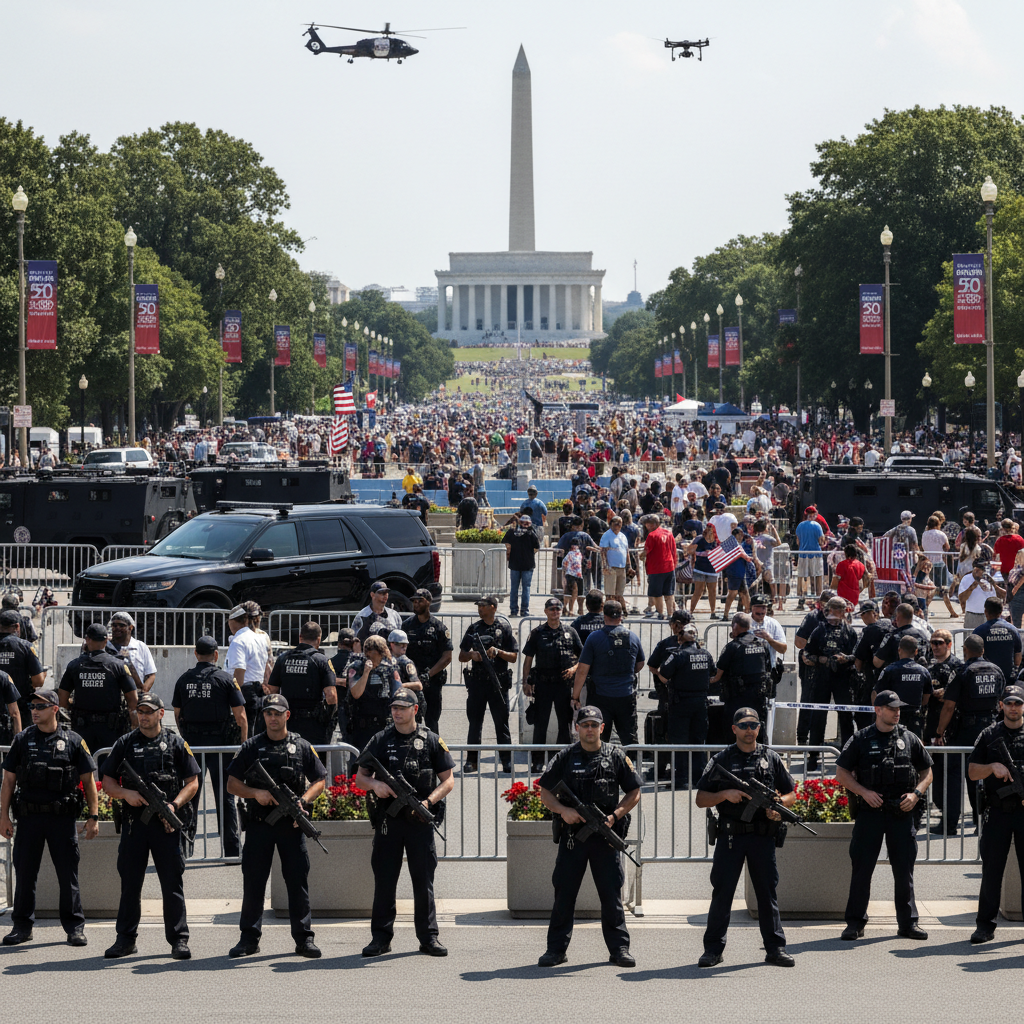 Federal and local law enforcement agents secure Washington DC during summer anniversary celebrations.