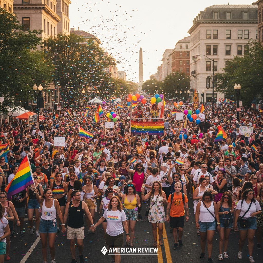 Thousands of people fill a wide street in Washington DC for a vibrant Pride parade celebration.